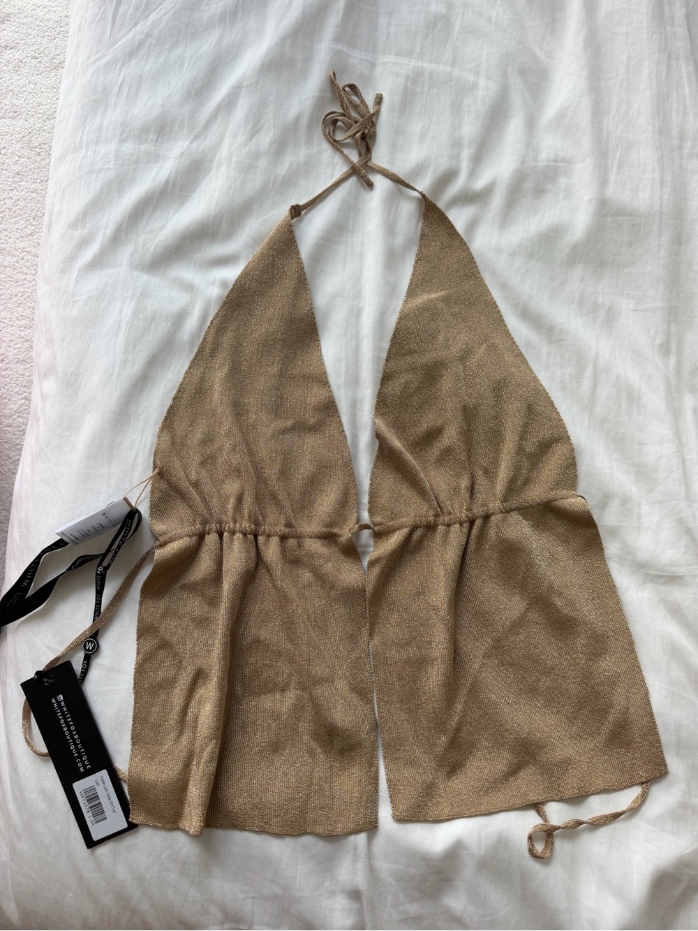 White Fox Boutique Gold Halter Tie-Back Plunge Tank